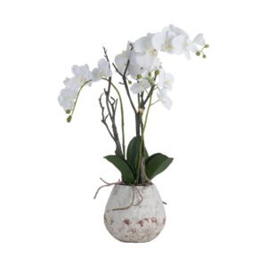 White Orchid In Stone Pot Artificial Flower Stem
