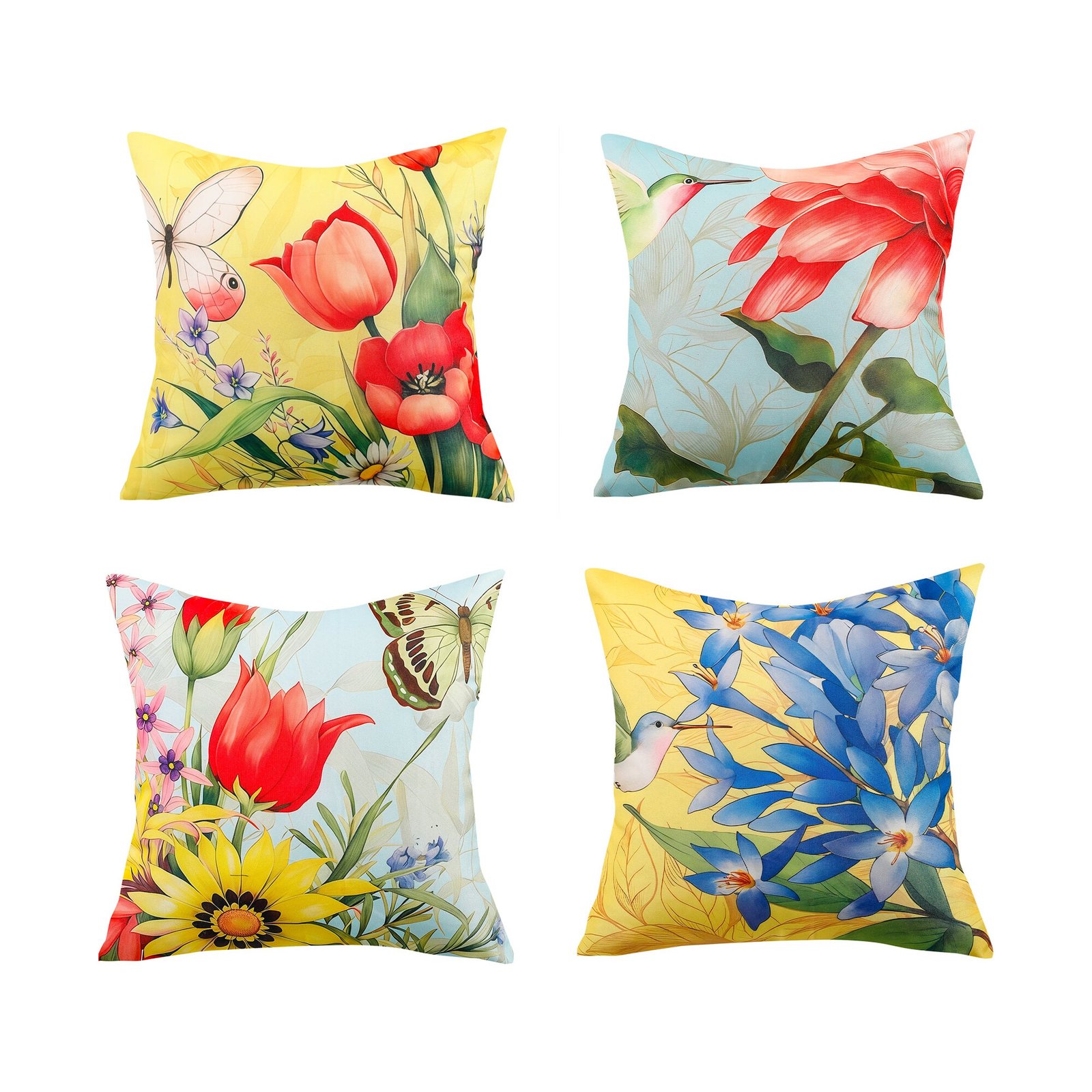 Colourful Flower and Bird Print Waterproof Cushion Cover - Design 1 (Set of 4 - 45x45cm)