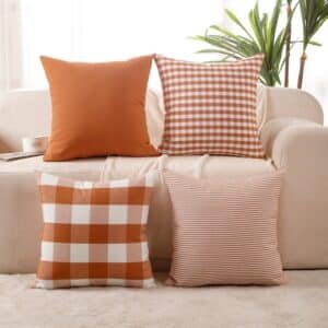 Orange Buffalo Check & Stripe Cushion Covers – Set of 4 Polyester Cushion Covers (45×45 cm)