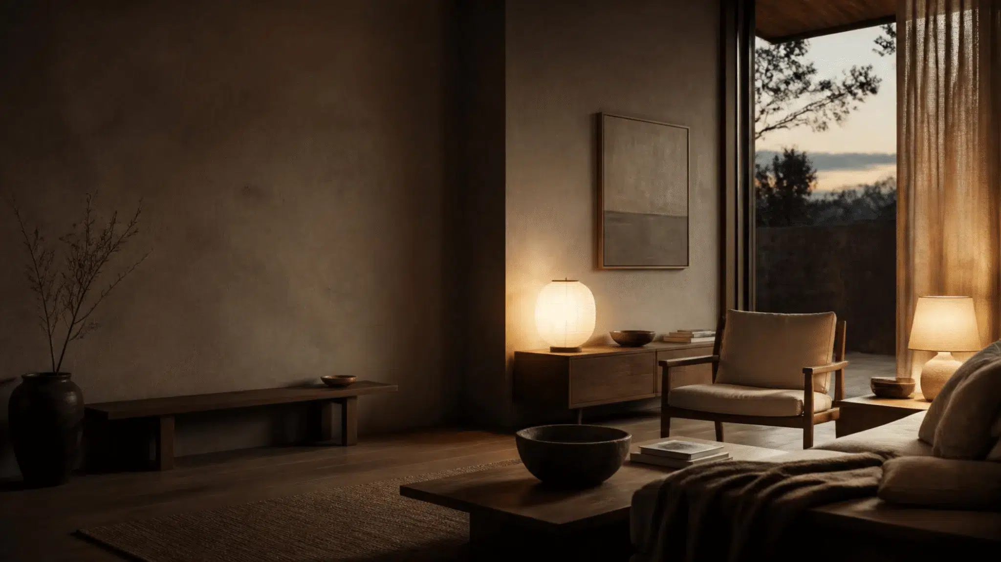 Home 4 Warm Lumen Larch interior with layered lighting and natural materials