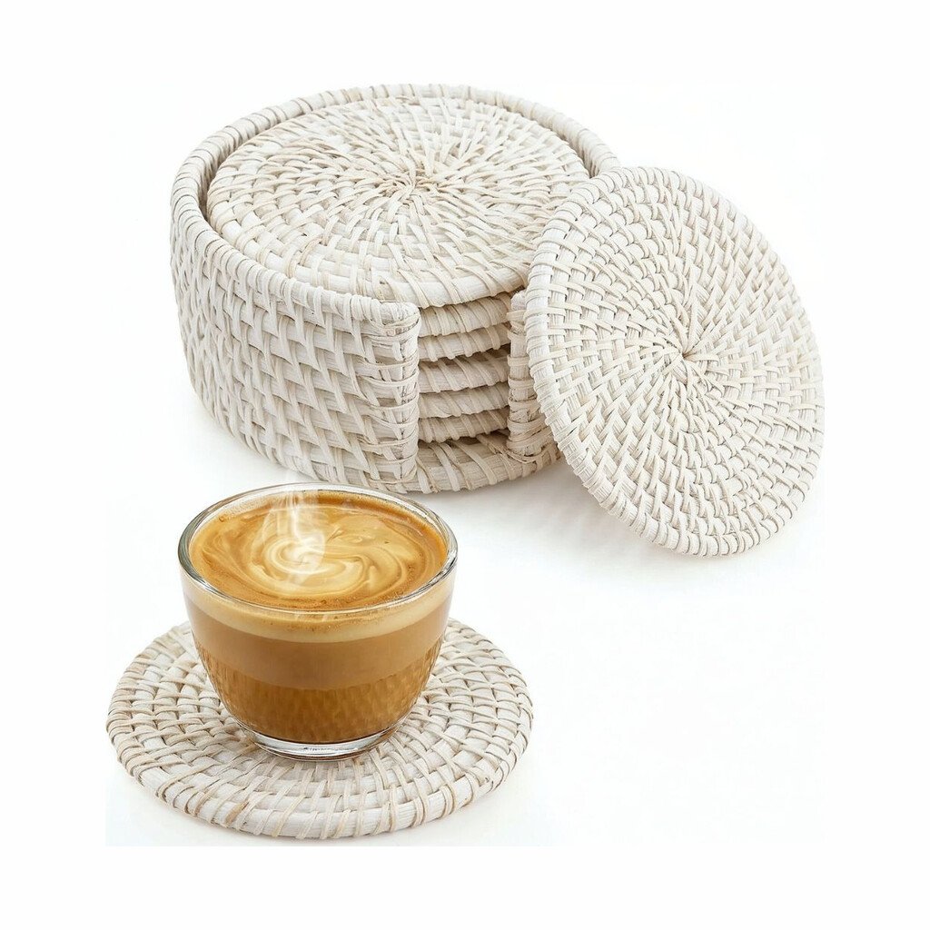 Whitewash rattan coasters set of six
