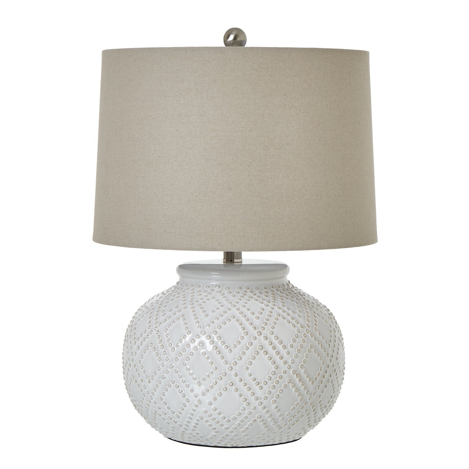 Squat White Beaded Ceramic Table Lamp with Linen Shade