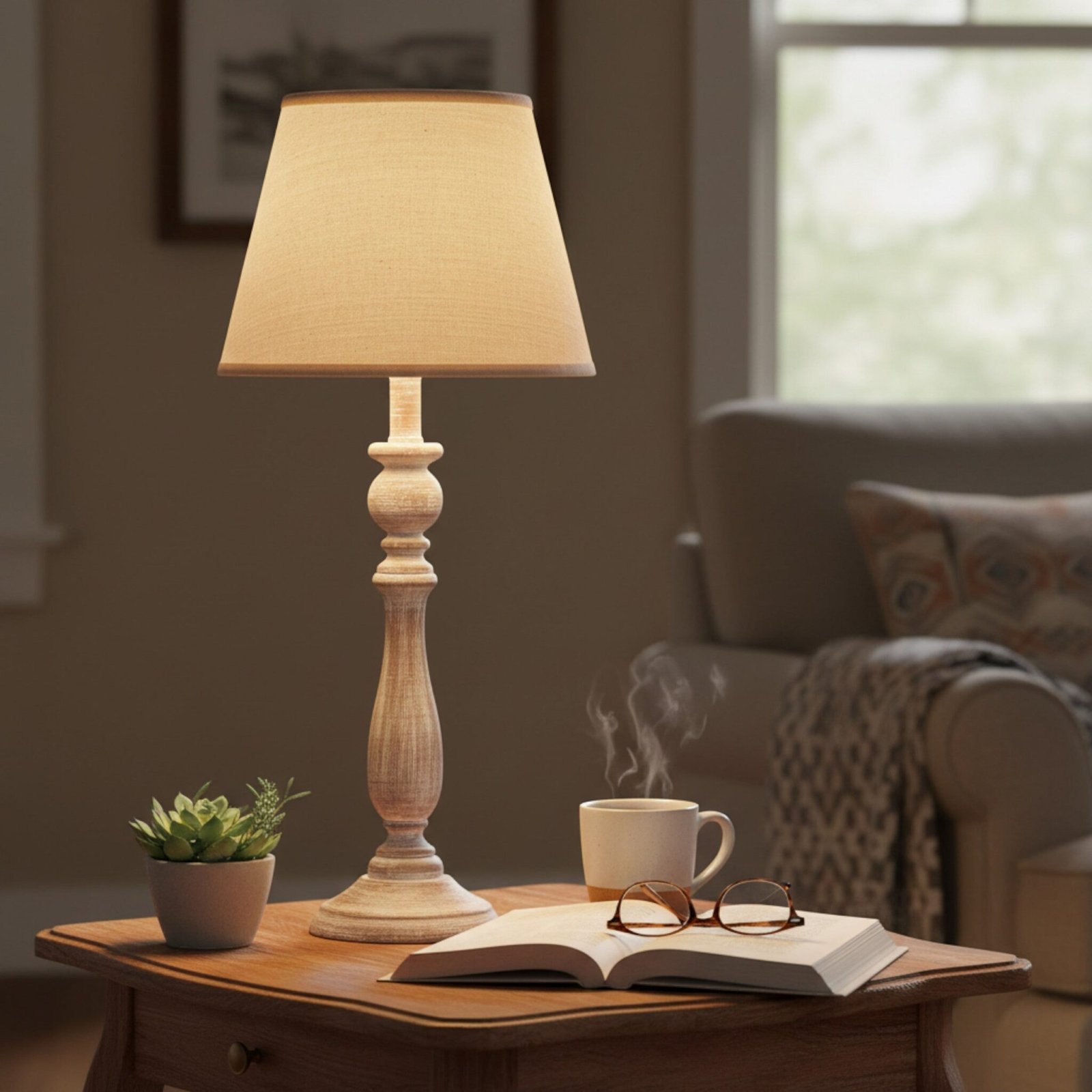 Dunum Carved Column Table Lamp with Linen Shade - Image 2