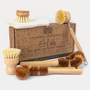 Bamboo Dish Brush Set – 6 Piece Plastic-Free Washing-Up Set
