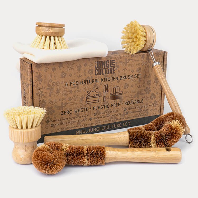Bamboo Dish Brush Set – 6 Piece Plastic-Free Washing-Up Set