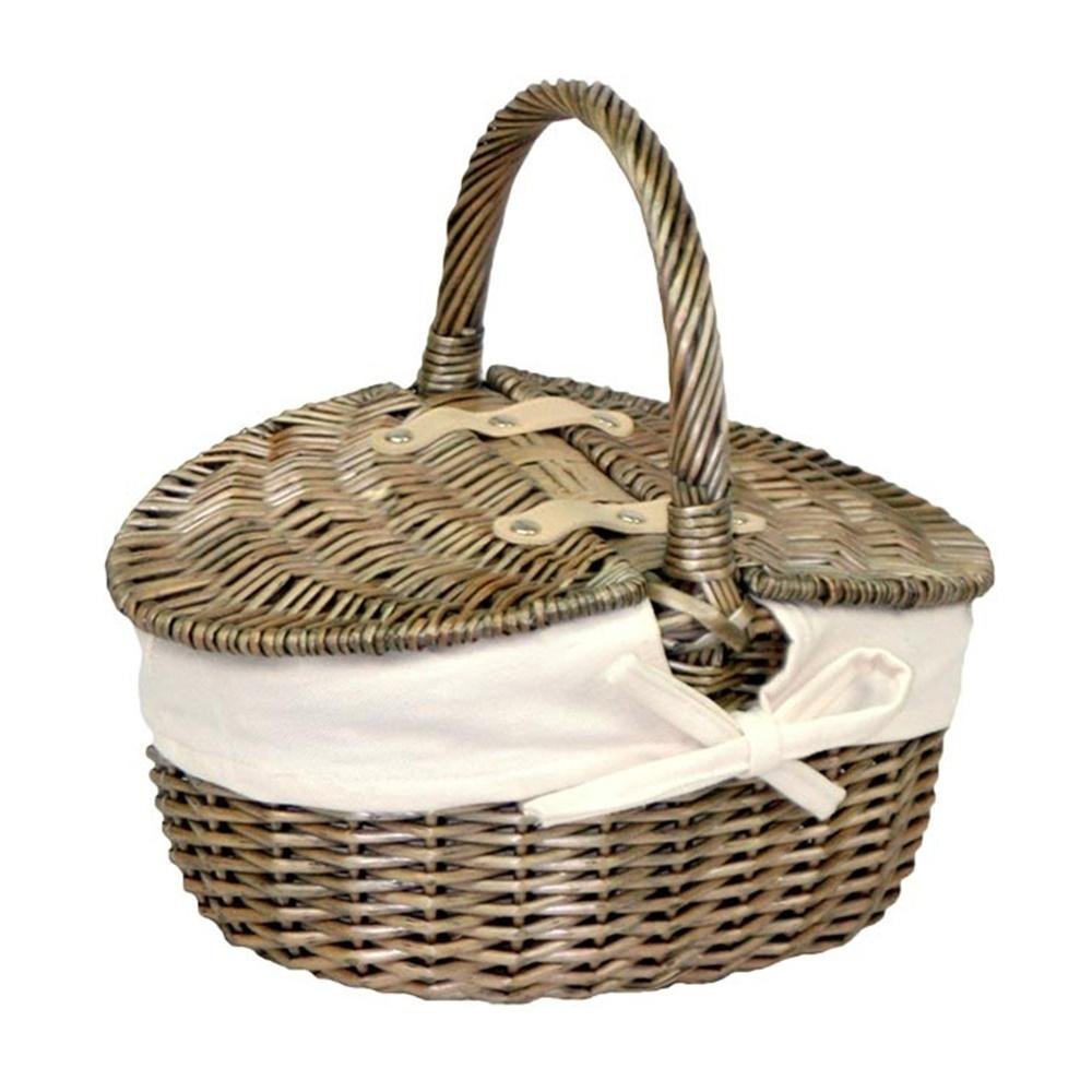 Small Antique Wash Double-Lidded Oval Wicker Basket