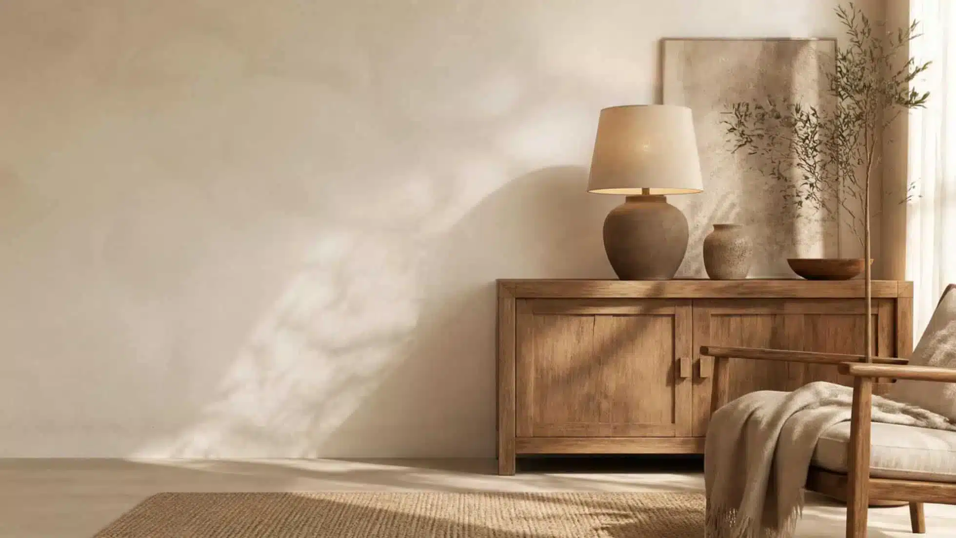 Calm Lumen Larch interior with natural materials and warm neutral tones