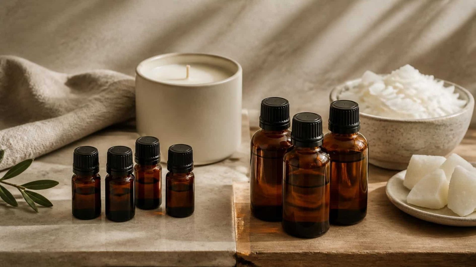 Aromatherapy Oils for Candle Making: What to Know Before You Blend 2 Essential oil and candle fragrance bottles arranged beside an unlit candle and wax