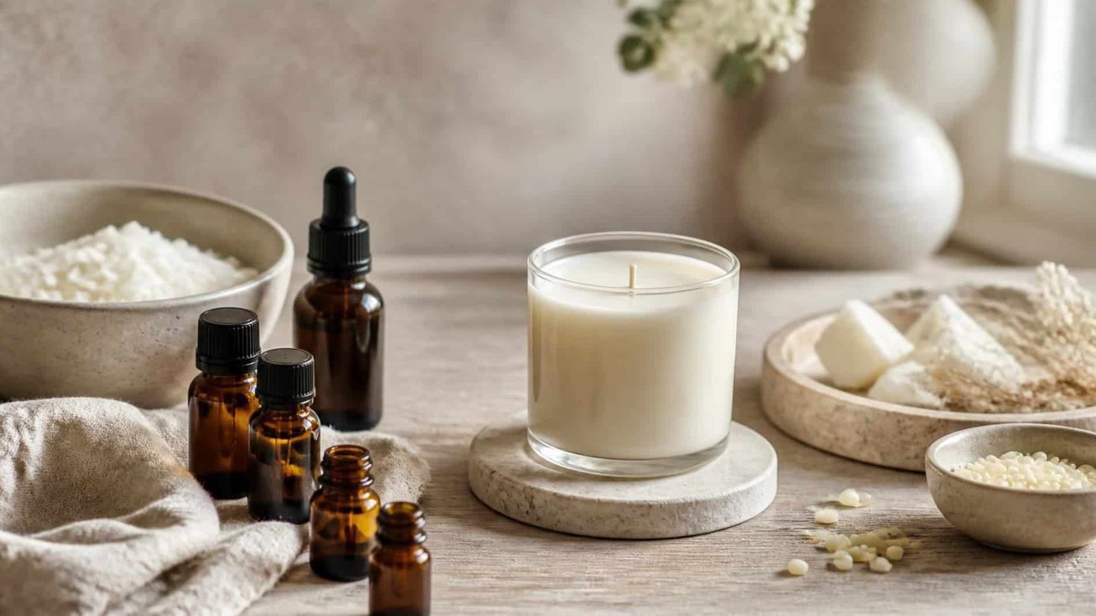 Aromatherapy Oils for Candle Making: What to Know Before You Blend 1 Unlit candle with amber fragrance bottles and natural wax materials on a pale timber work surface