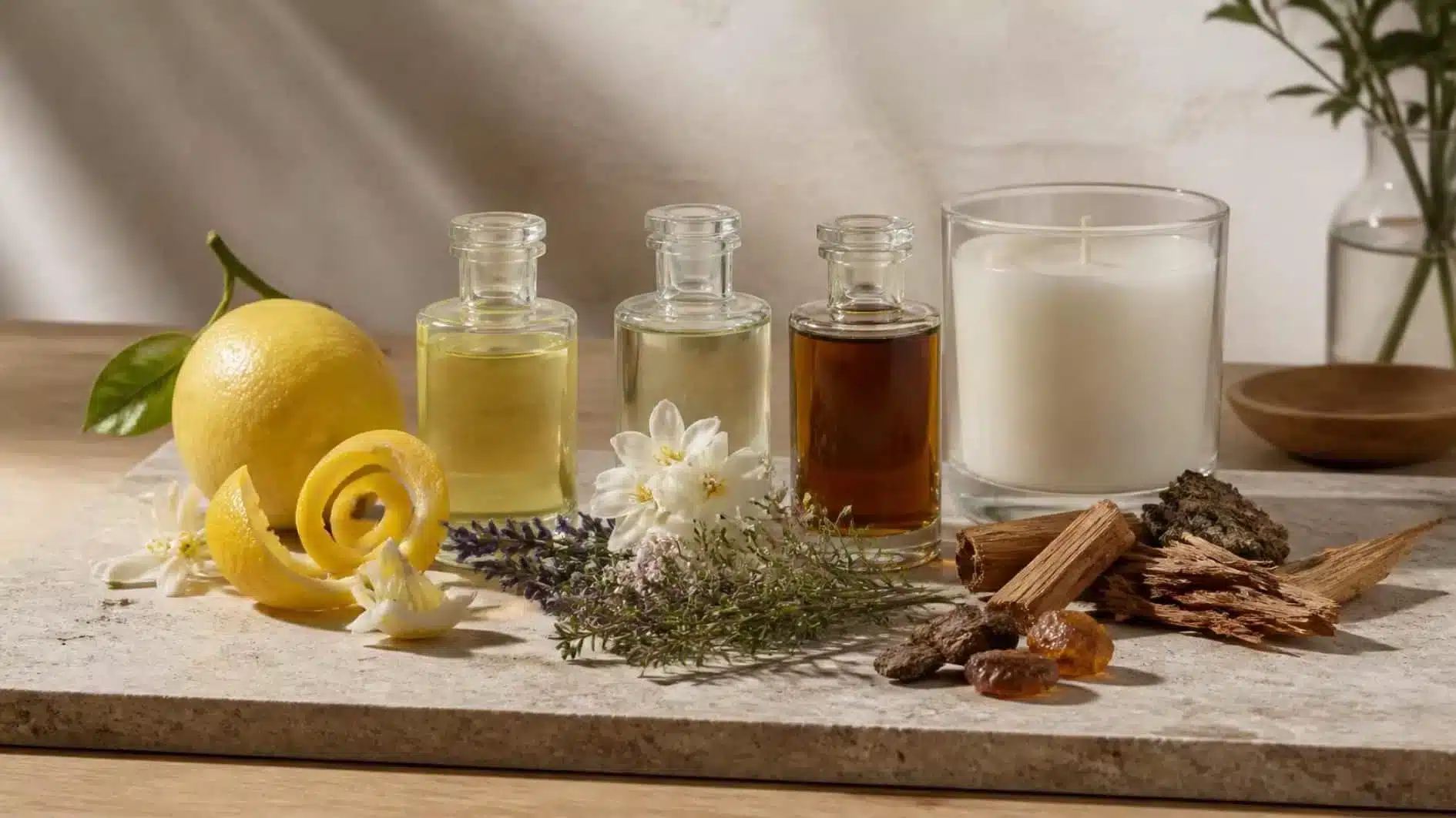 Aromatherapy Oils for Candle Making: What to Know Before You Blend 3 Candle fragrance materials arranged to suggest bright, floral and woody scent structure