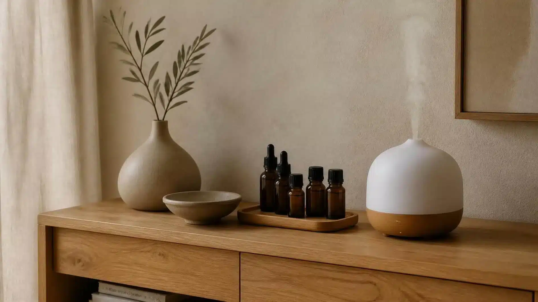 Aromatherapy oil bottles beside an ultrasonic diffuser on a stable open surface