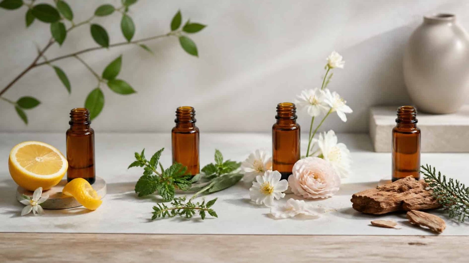 Aromatherapy oils arranged with citrus, herbal, floral and woody fragrance references