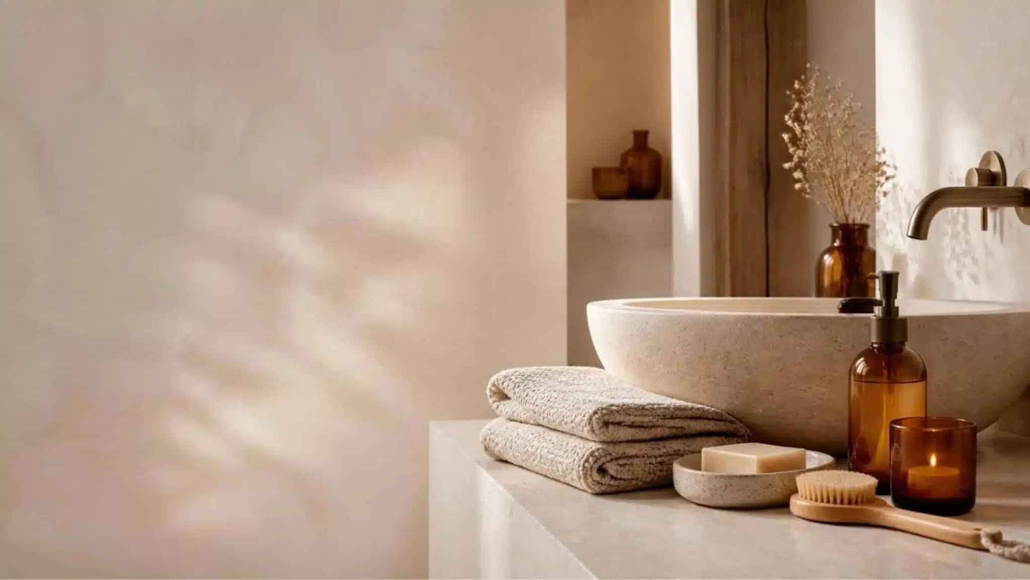 Simple bath and body care products arranged in a calm bathroom setting
