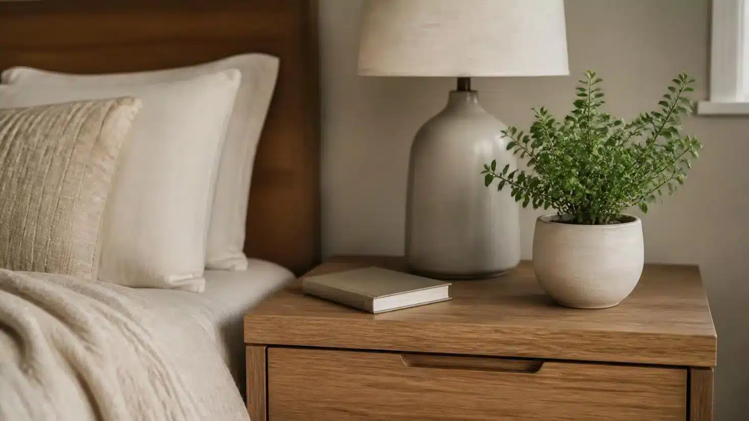 Small houseplant on a timber bedside table with clear usable surface space