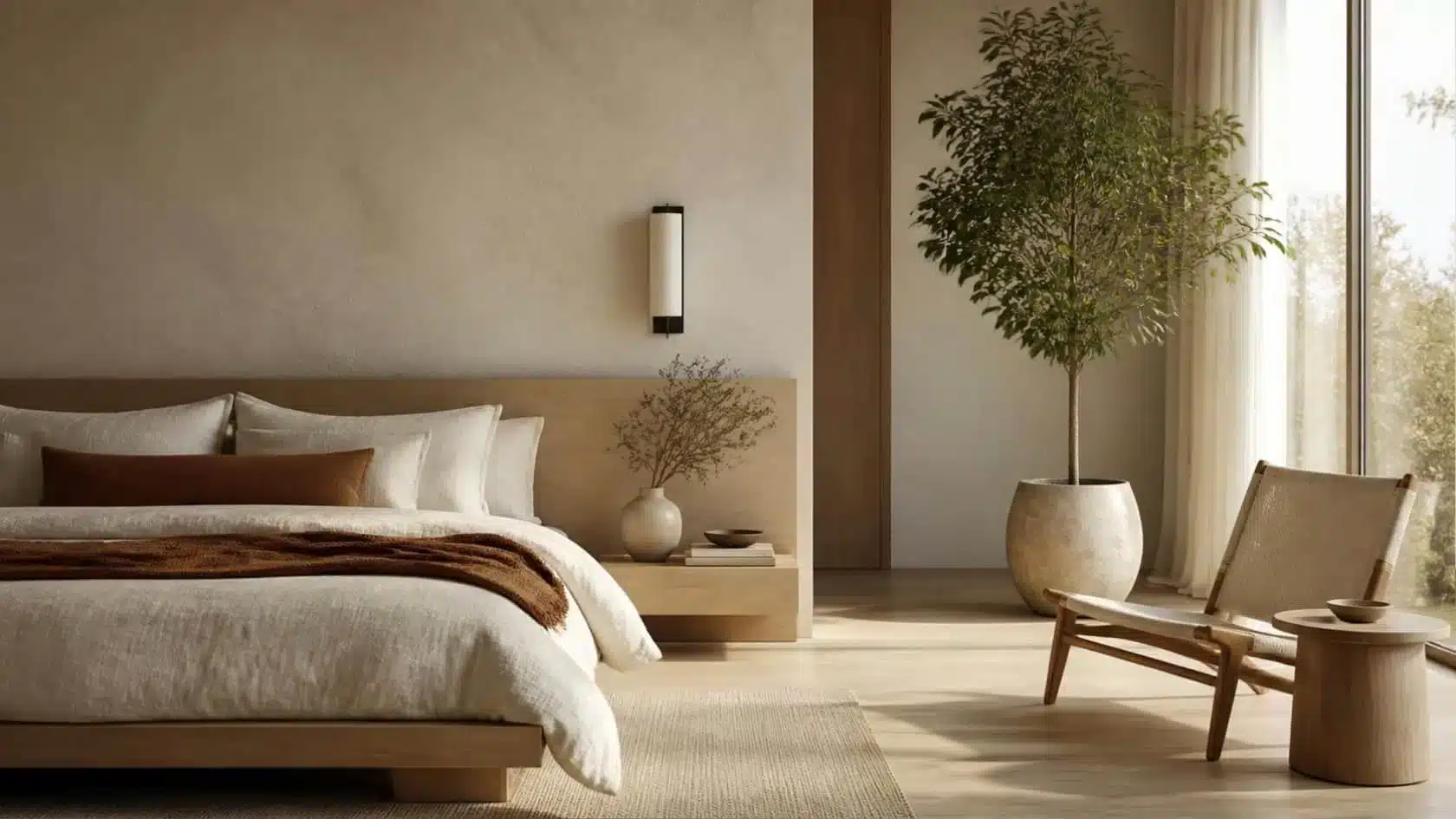Large floor-standing plant positioned beside a bright bedroom window
