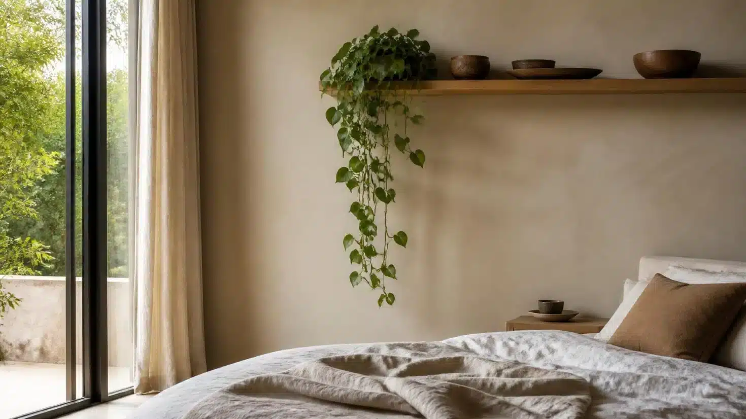 Trailing bedroom plant falling naturally from a simple timber shelf