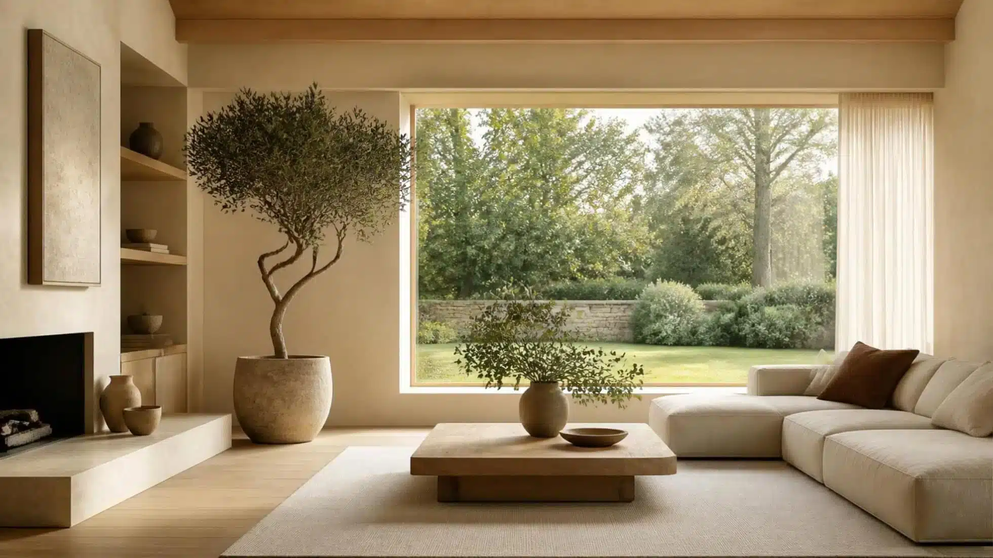 Biophilic Design: How to Bring Nature Into Your Interior 1 Biophilic living room with natural light, timber, linen and indoor greenery