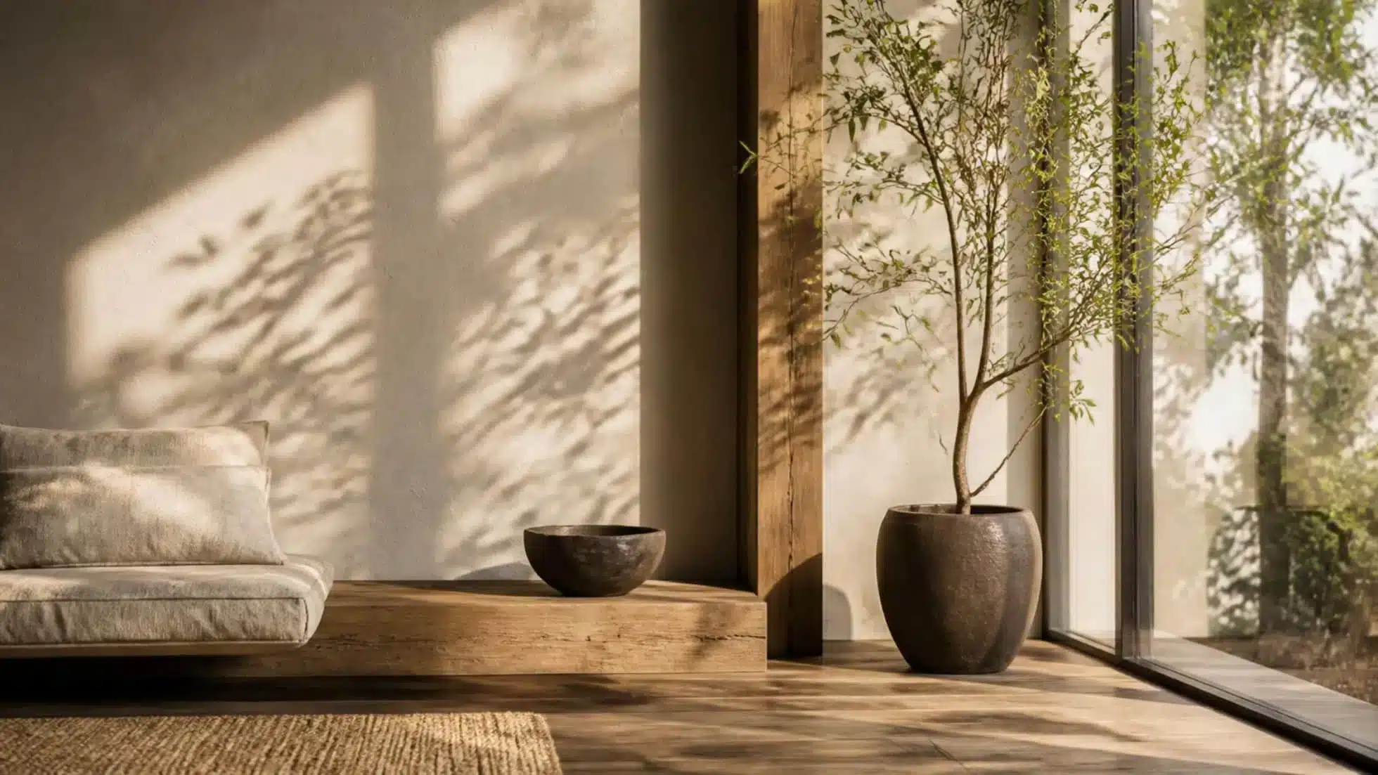 Biophilic Design: How to Bring Nature Into Your Interior 2 Natural daylight moving across plaster, timber and an indoor plant