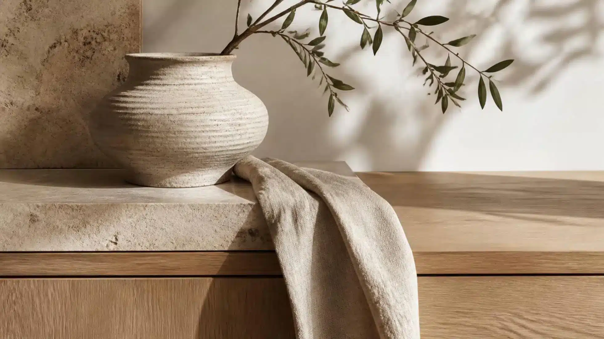 Biophilic Design: How to Bring Nature Into Your Interior 3 Natural timber, linen, ceramic and stone used in a biophilic interior