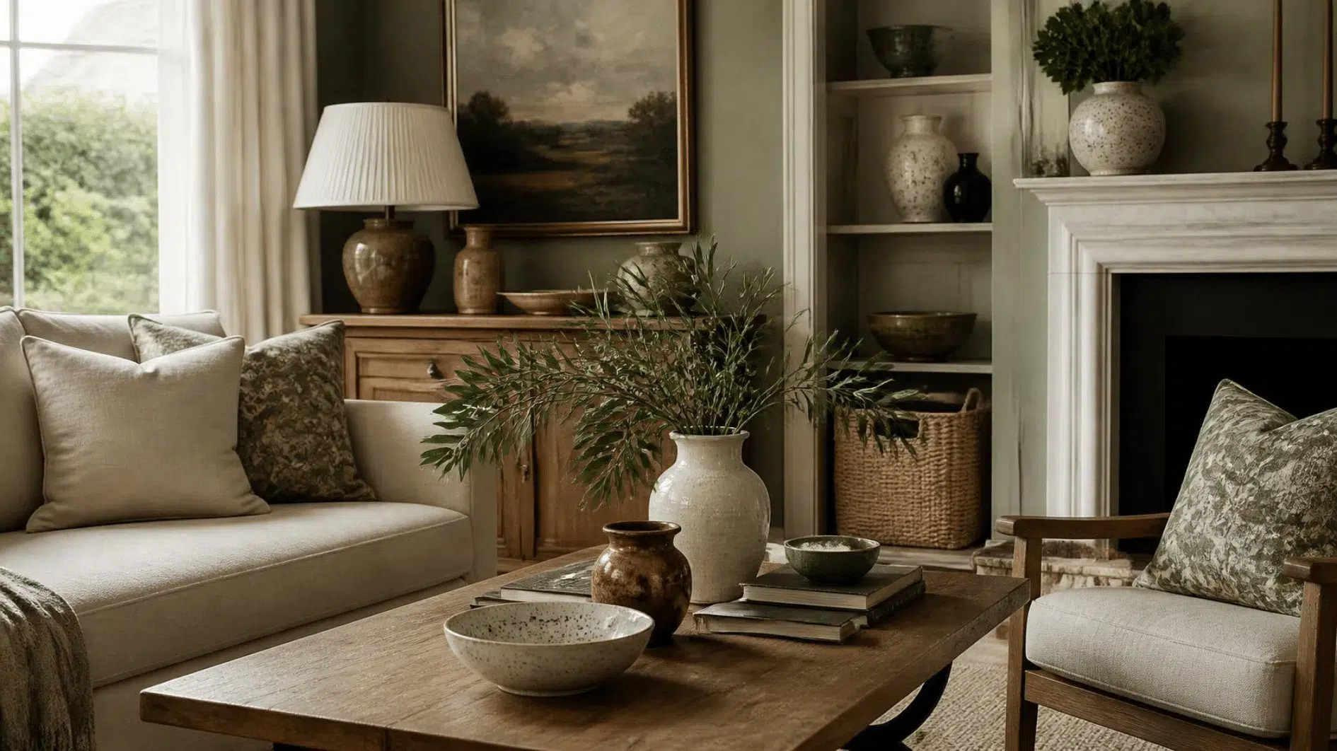 British living room with carefully arranged stoneware ceramic vases and bowls on an oak sideboard beside linen textiles and daylight