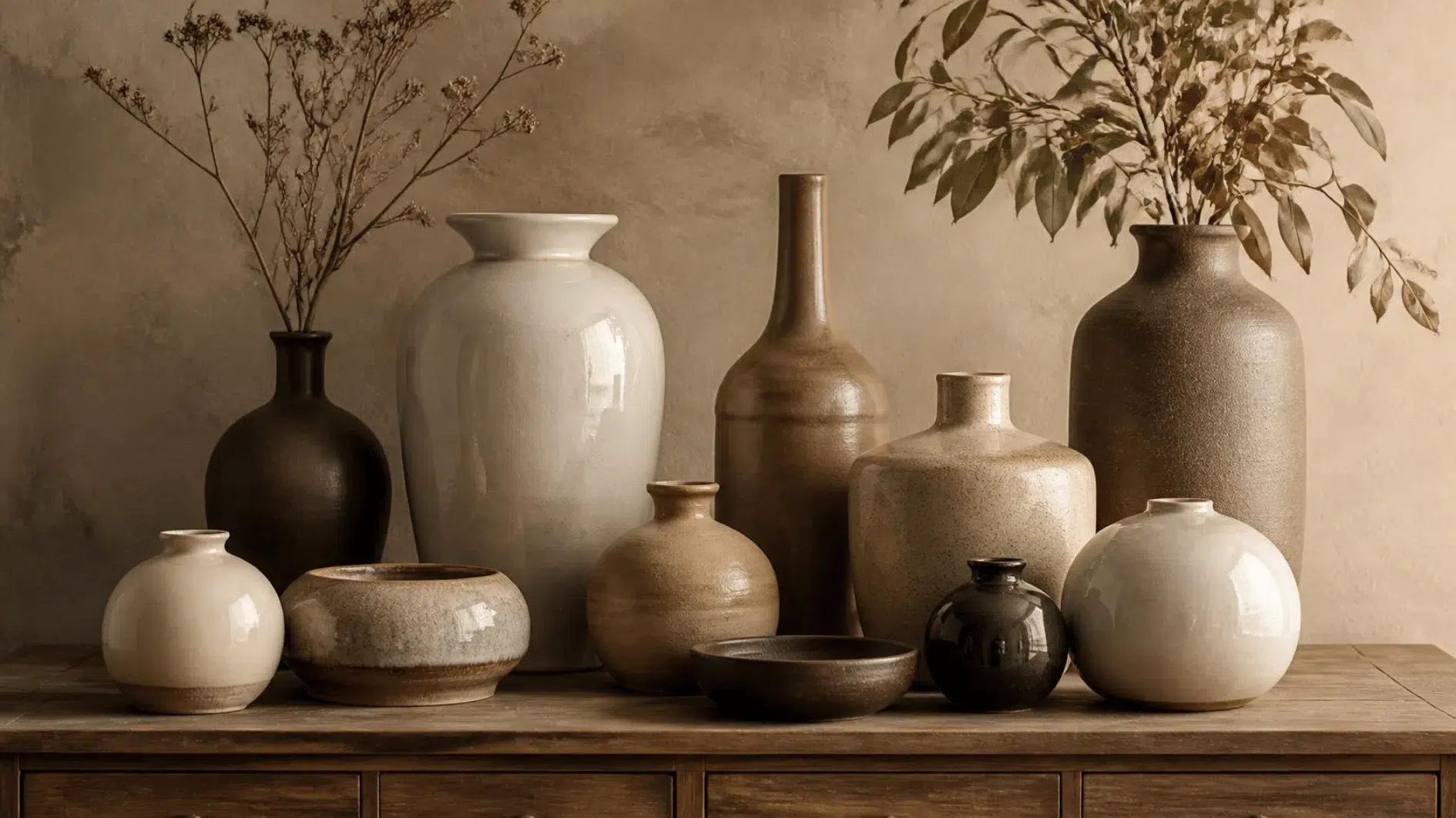 Stoneware vases and bowls in varied sculptural shapes with matte, glossy and textured ceramic glazes