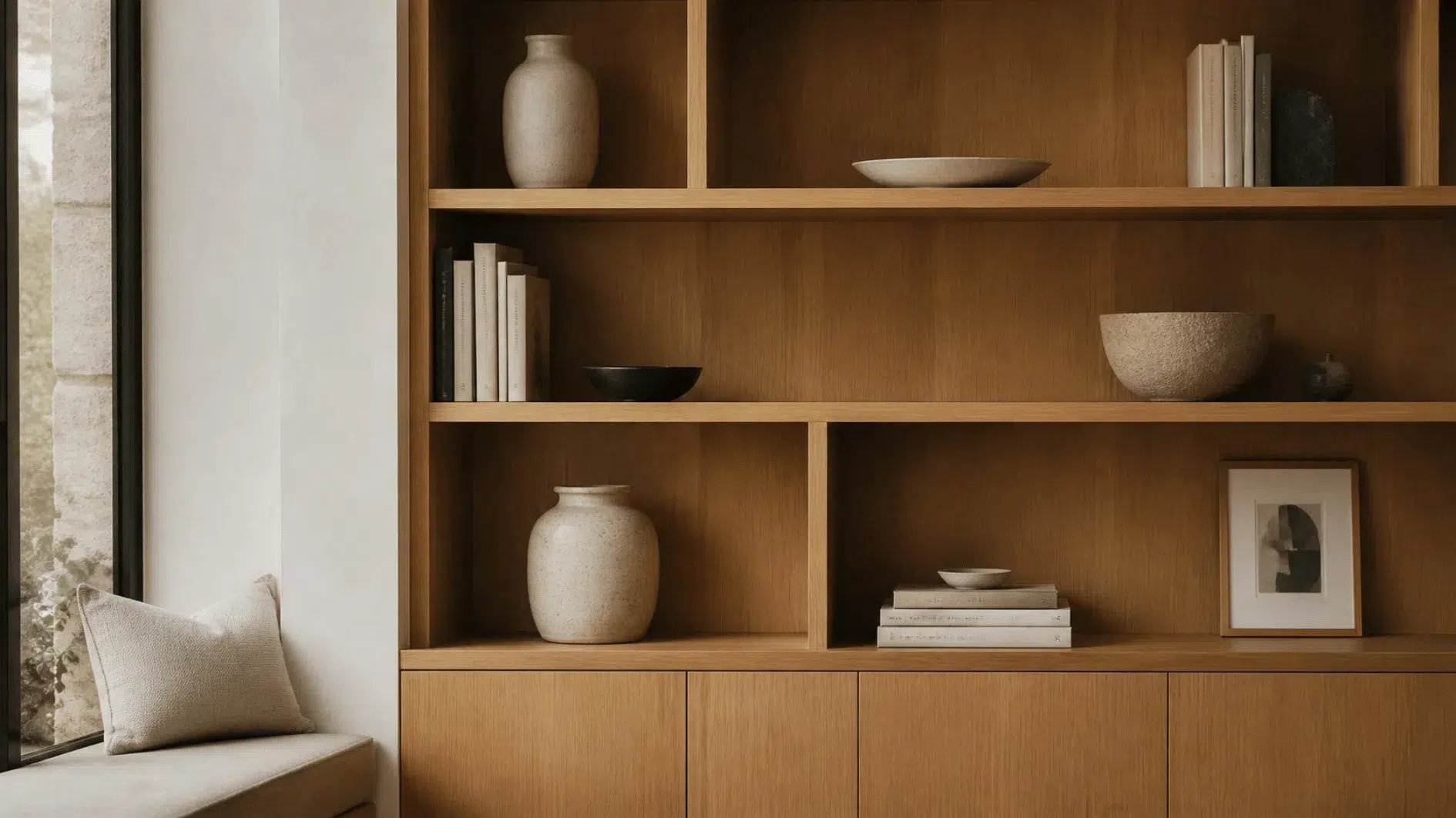 Timber shelving with a considered selection of ceramic pottery, books and clear open space