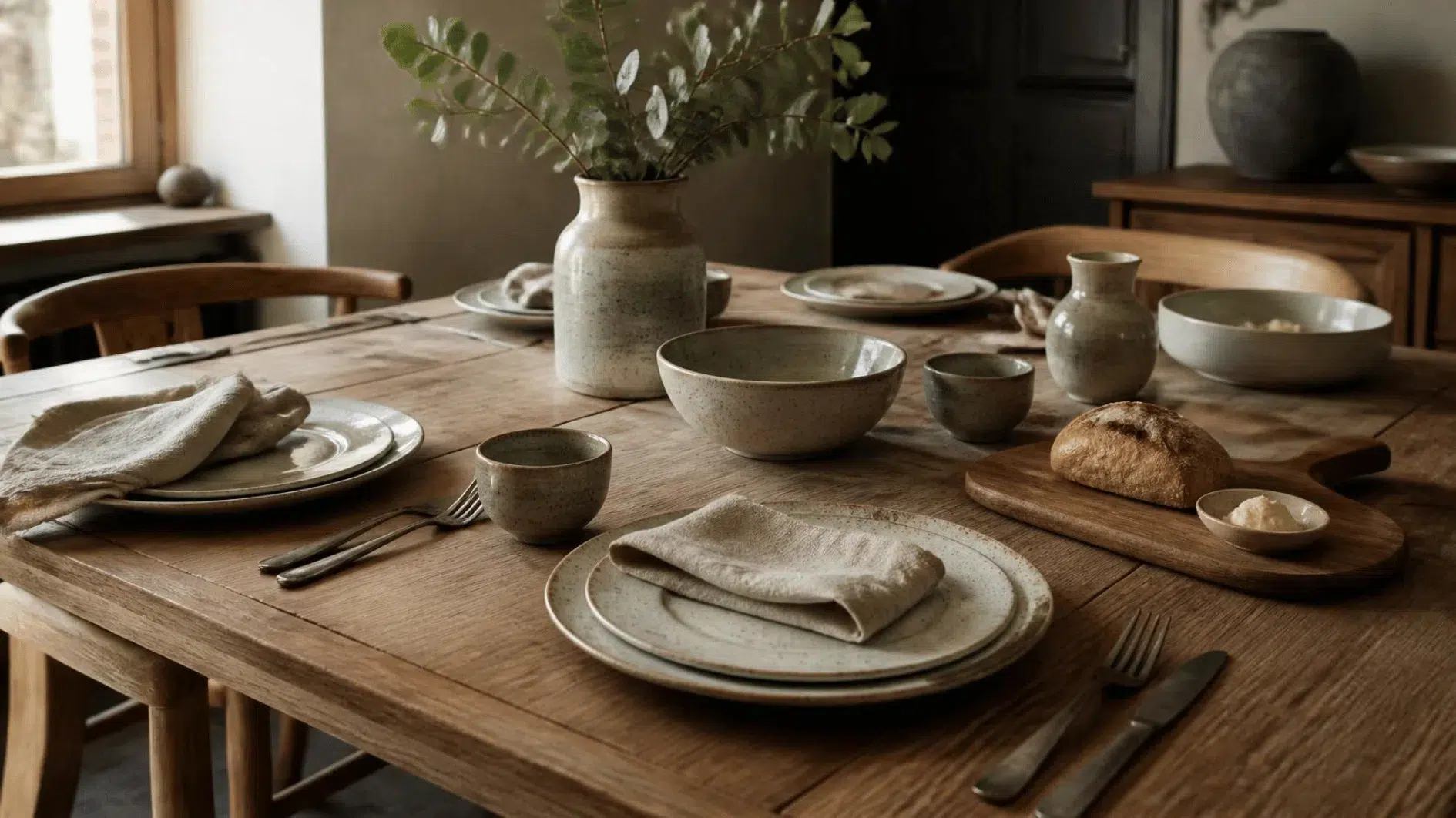 Wooden dining table with ceramic plates and bowls and folded natural linen napkins