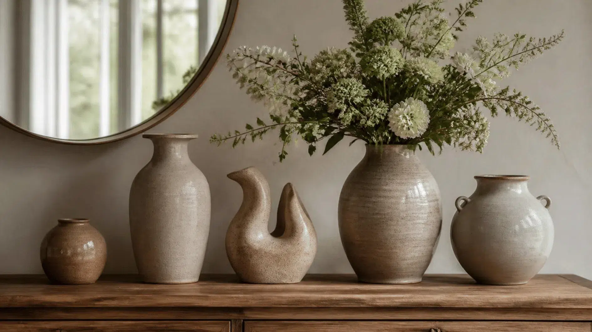 Proportionate ceramic vases on a wooden console, including a sculptural vessel and simple botanical arrangement