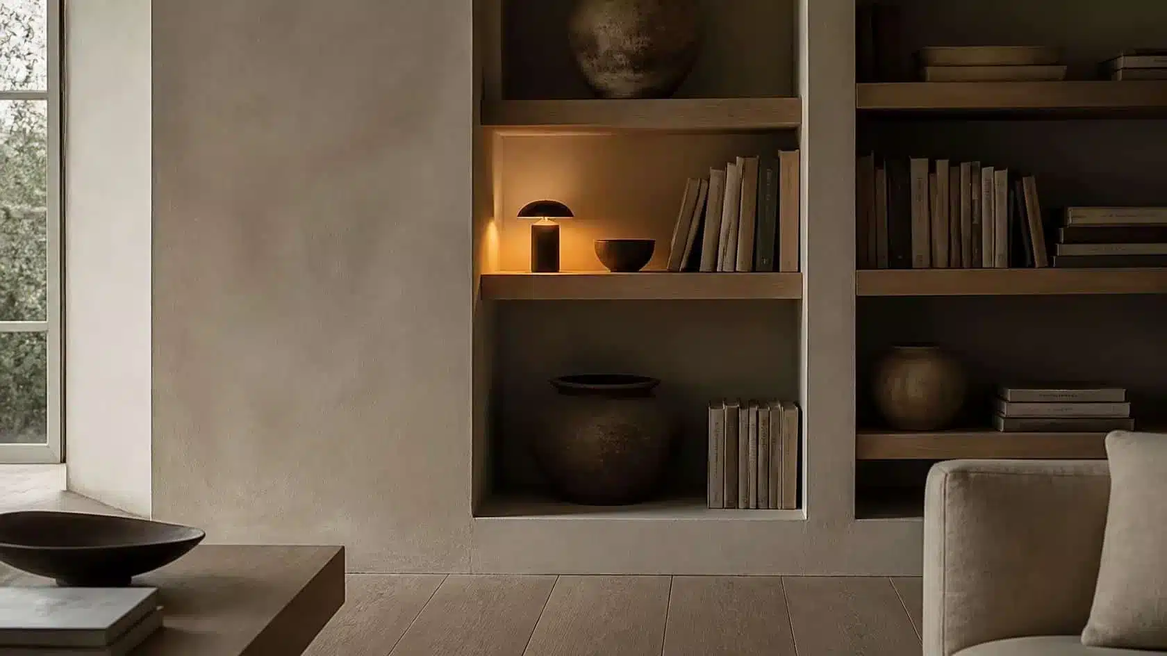 Battery-Operated Light Bulbs: Where Cordless Lighting Is Most Useful 4 Small cordless light illuminating books and ceramics in a living-room alcove
