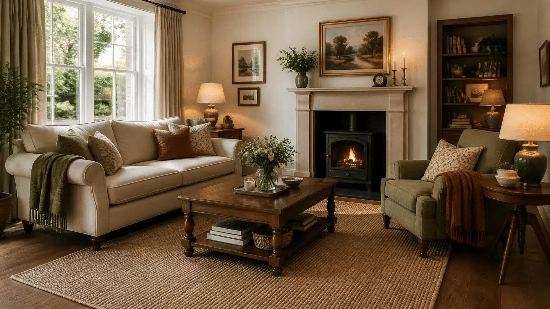 Comfortable British living room seating arrangement with sofa, upholstered armchair and oak coffee table