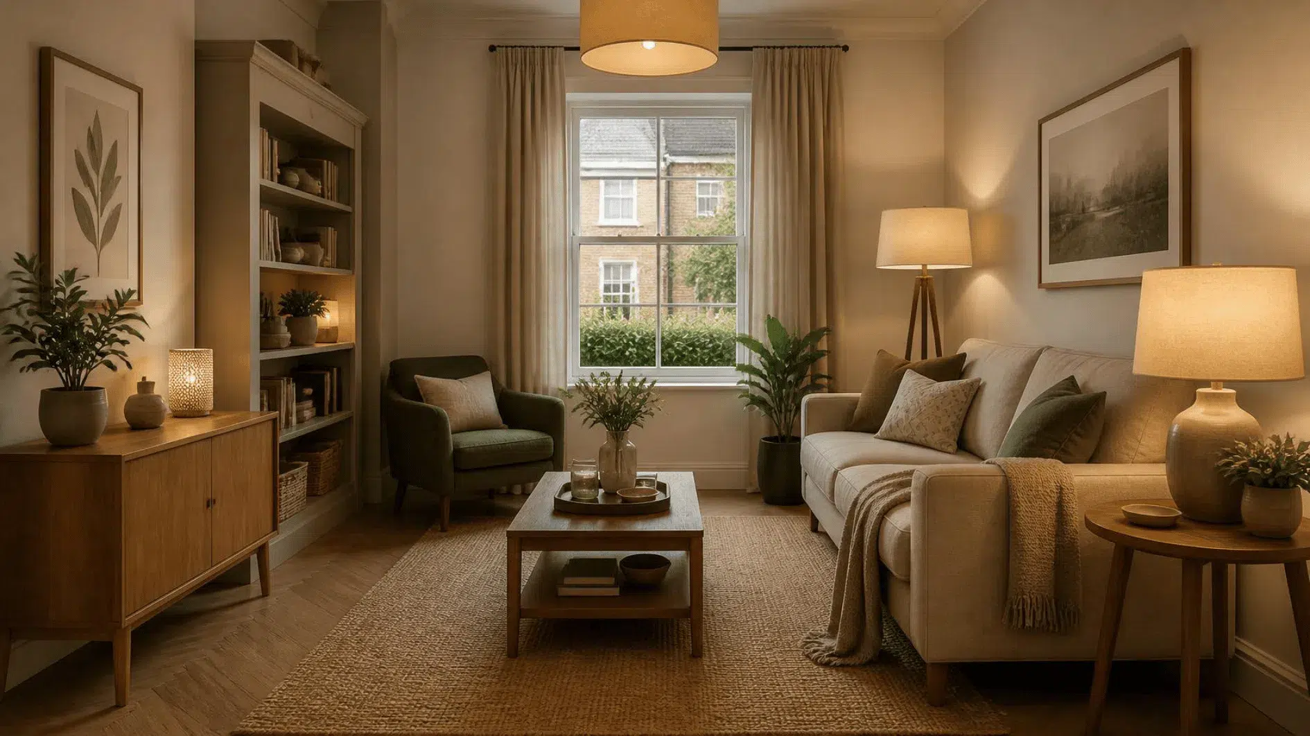 Compact British living room with appropriately sized sofa, slim side table, reading lamp and clear floor space