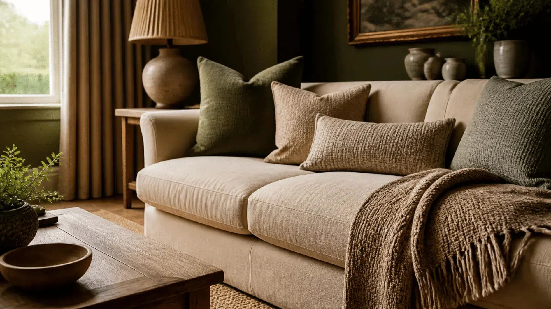Cosy sofa with woven cushions, soft throw and natural rug beside understated timber furniture