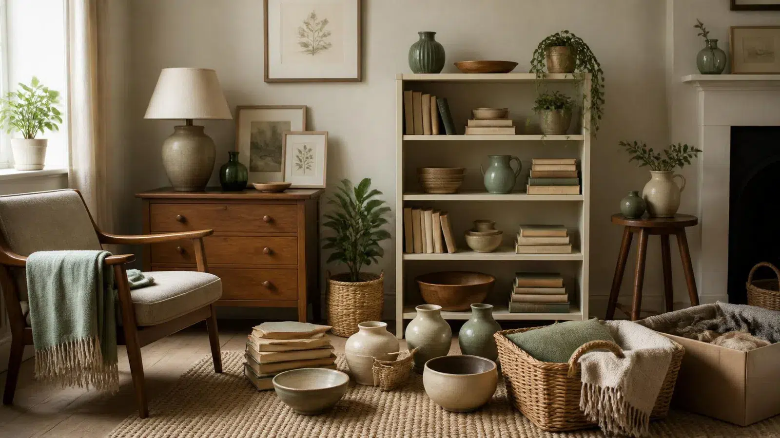 Books, ceramics and household accessories arranged for donation or resale