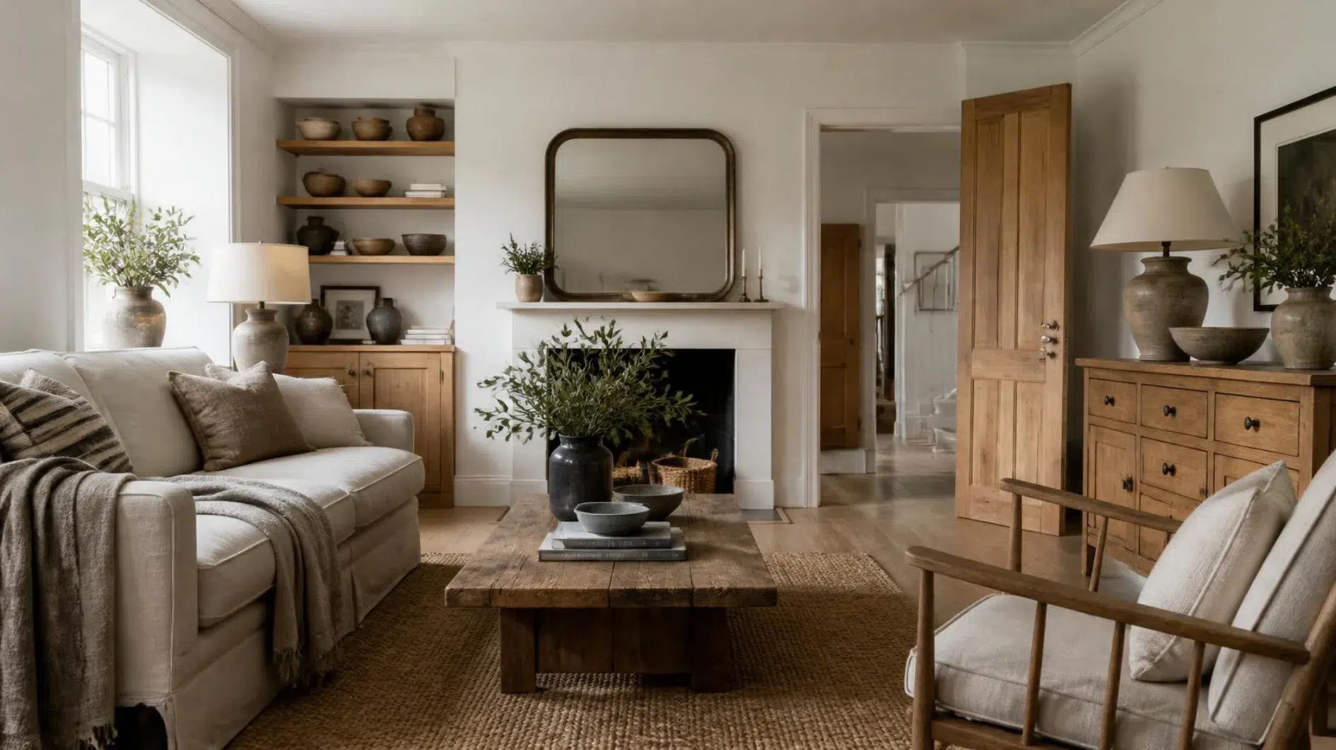 Peaceful lived-in interior with clear surfaces and well-organised household belongings