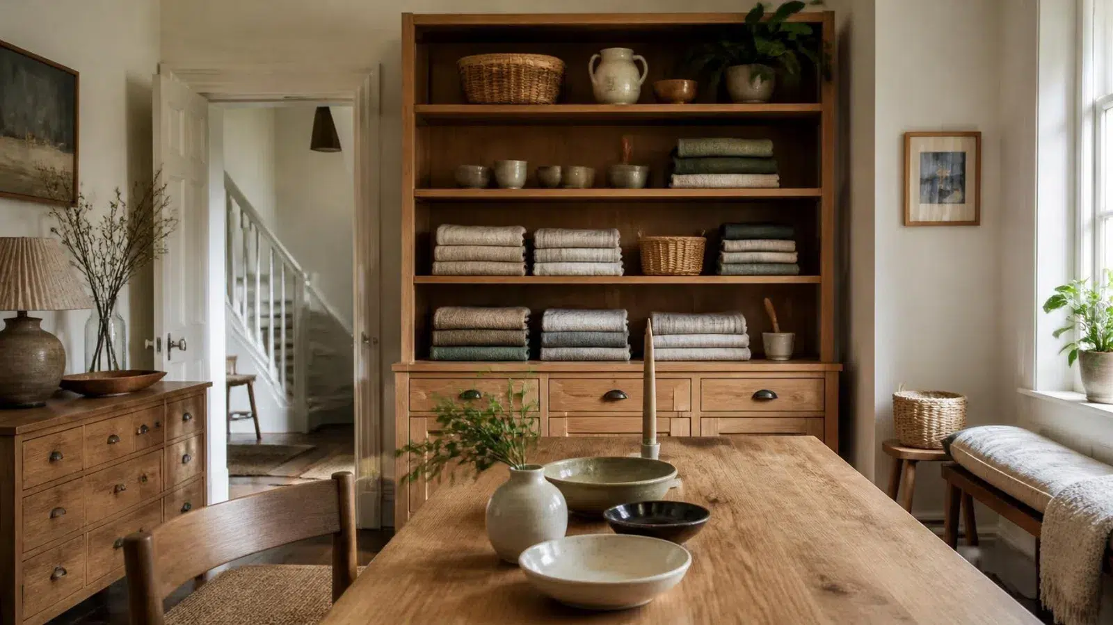 Considered household belongings arranged in a calm British home with natural timber and linen