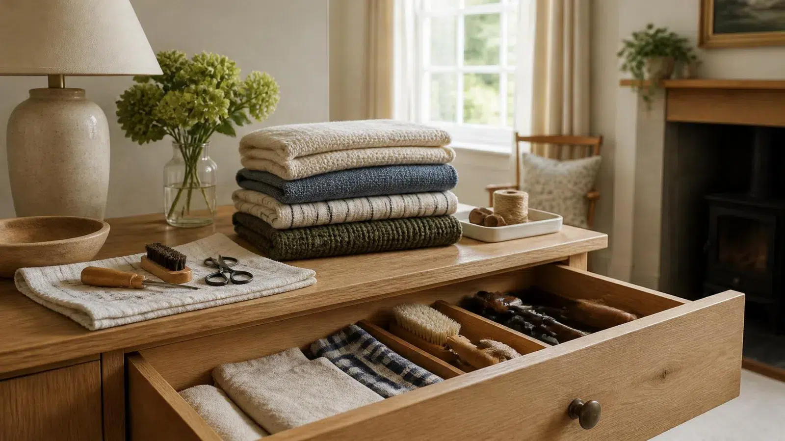 Useful household belongings and textiles arranged alongside simple repair tools