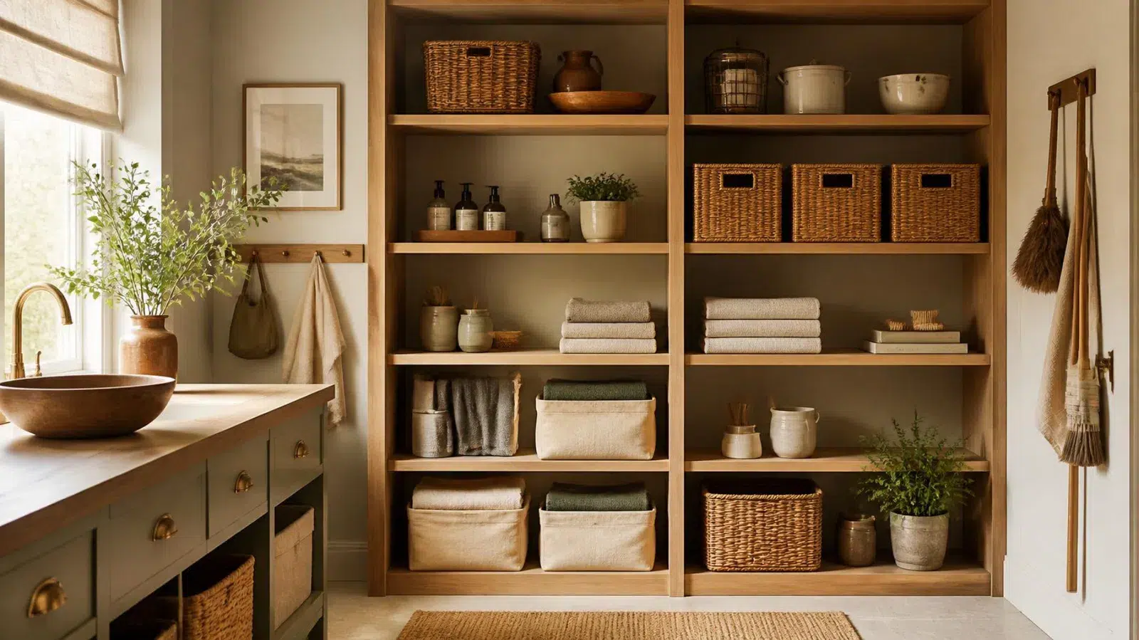 Everyday household belongings grouped in organised shelves and practical storage