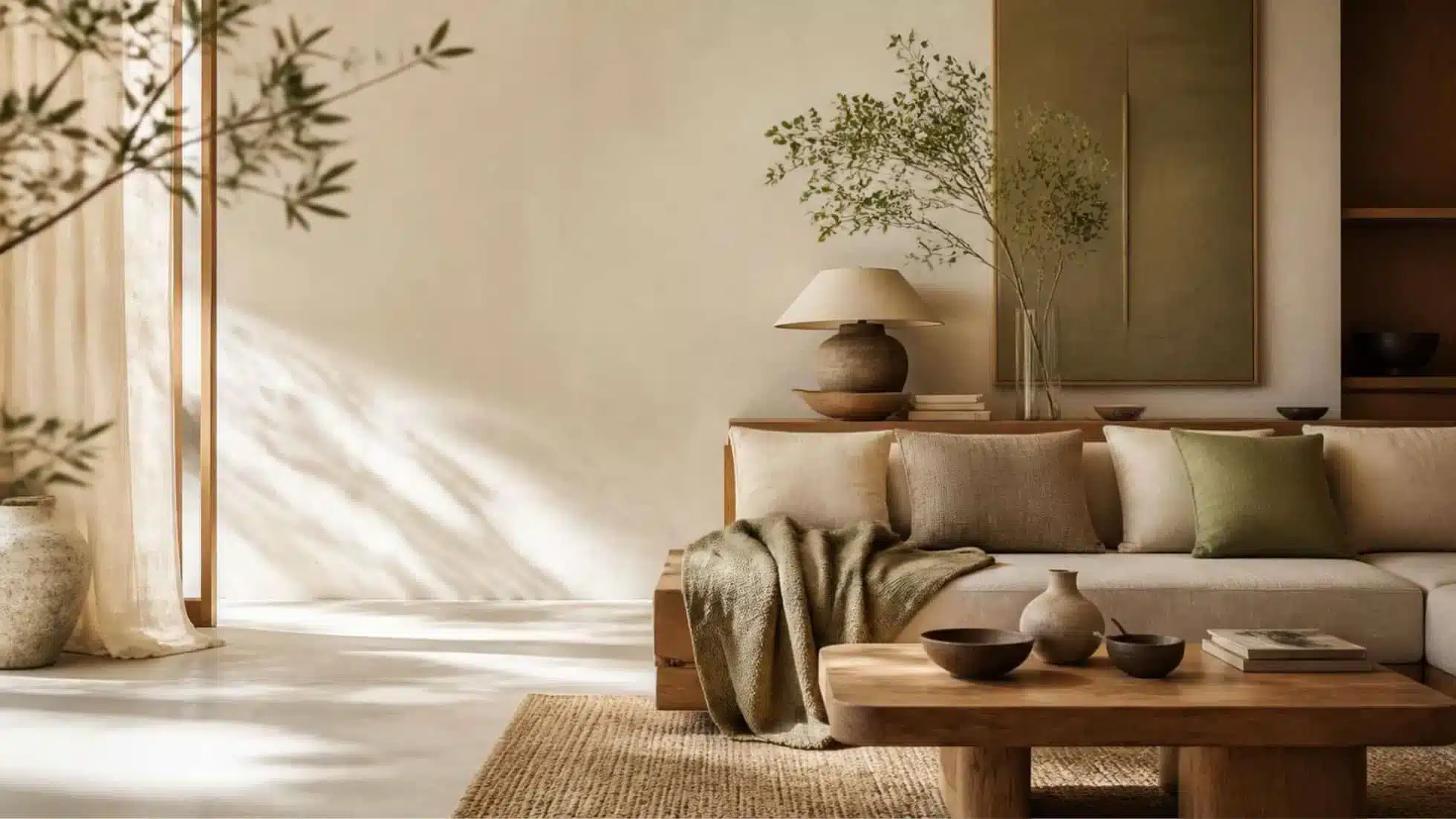 Layered neutral home décor with textiles and natural materials