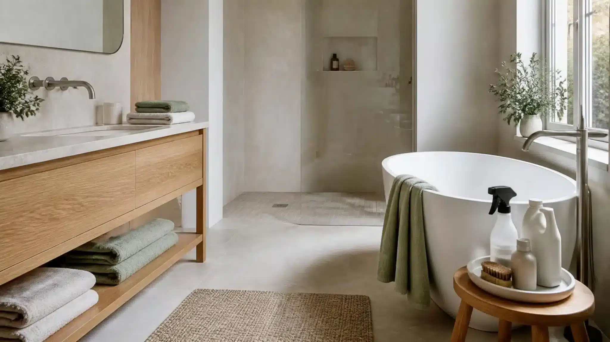Eco friendly bathroom cleaning products arranged in a refined bathroom with stone, timber and linen