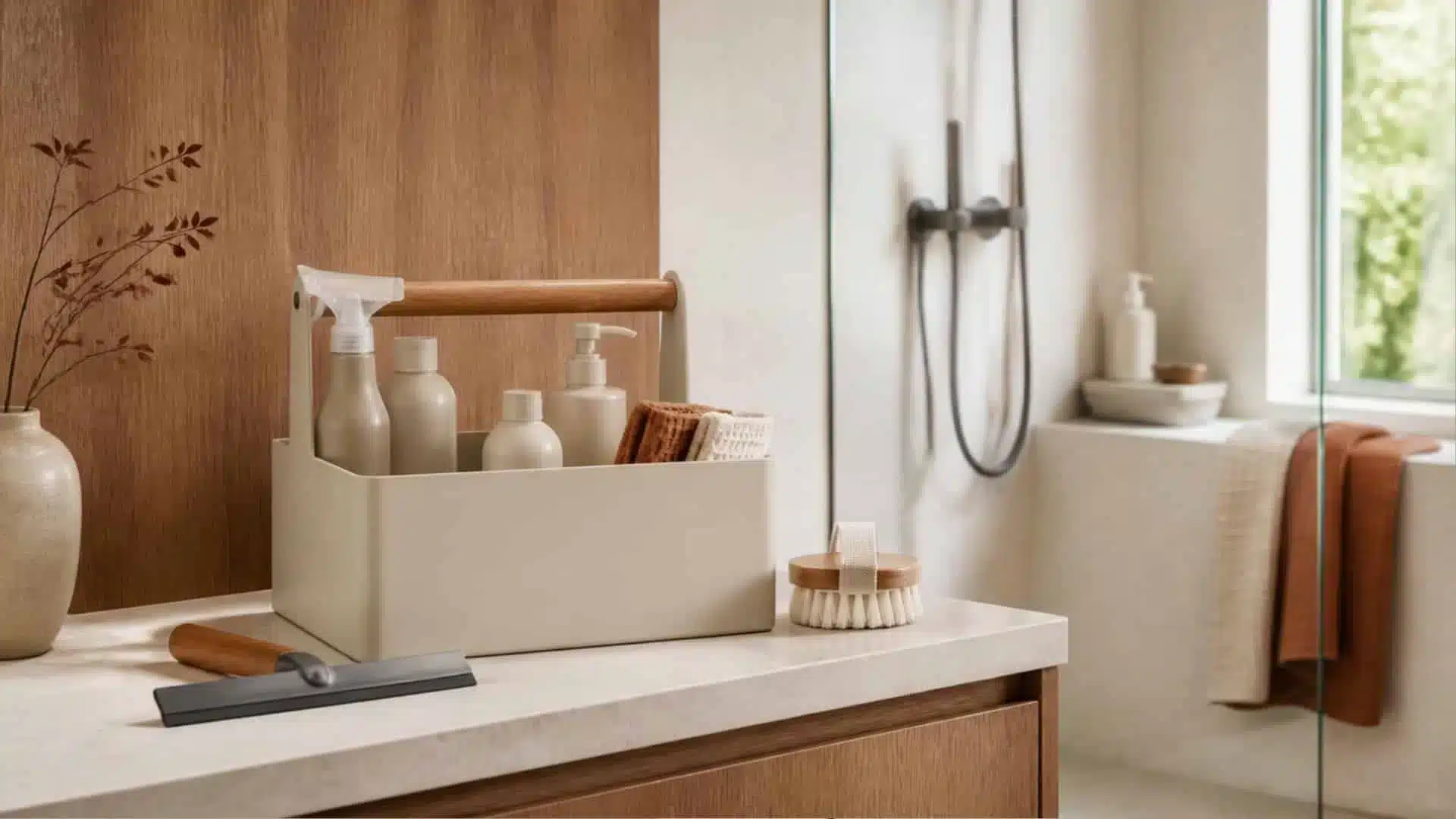 Small bathroom cleaning caddy with reusable cloths, squeegee, brush and a few cleaning products