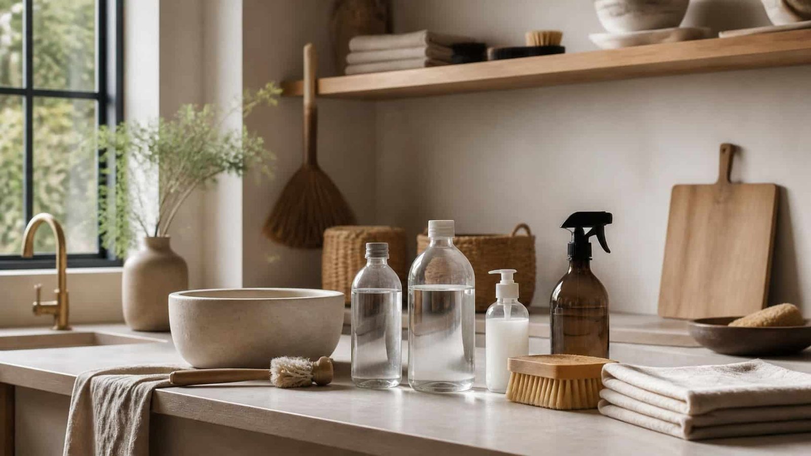 Eco Friendly Cleaning Products: What to Look For Before You Buy 1 Eco friendly cleaning products arranged in a refined utility space with reusable and refill-style packaging