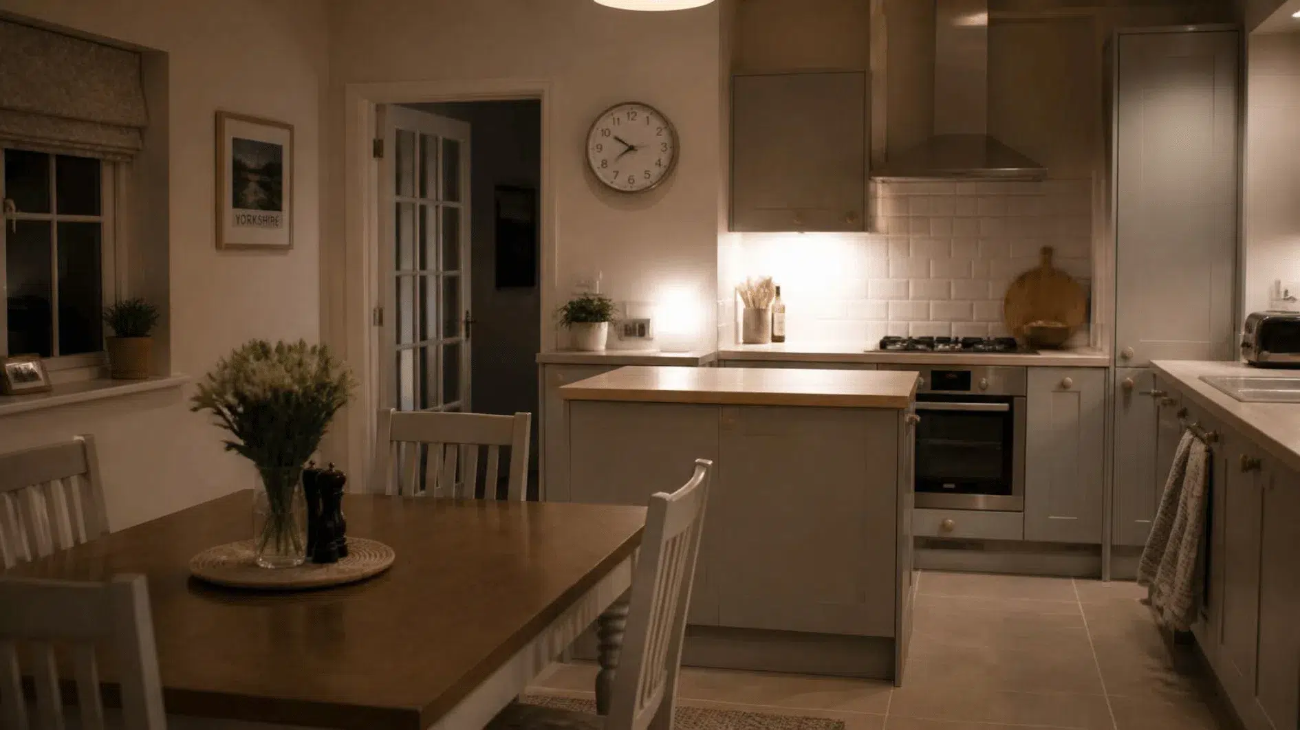 Tidy British kitchen with clear wooden worktop, ceramic crockery and soft evening light