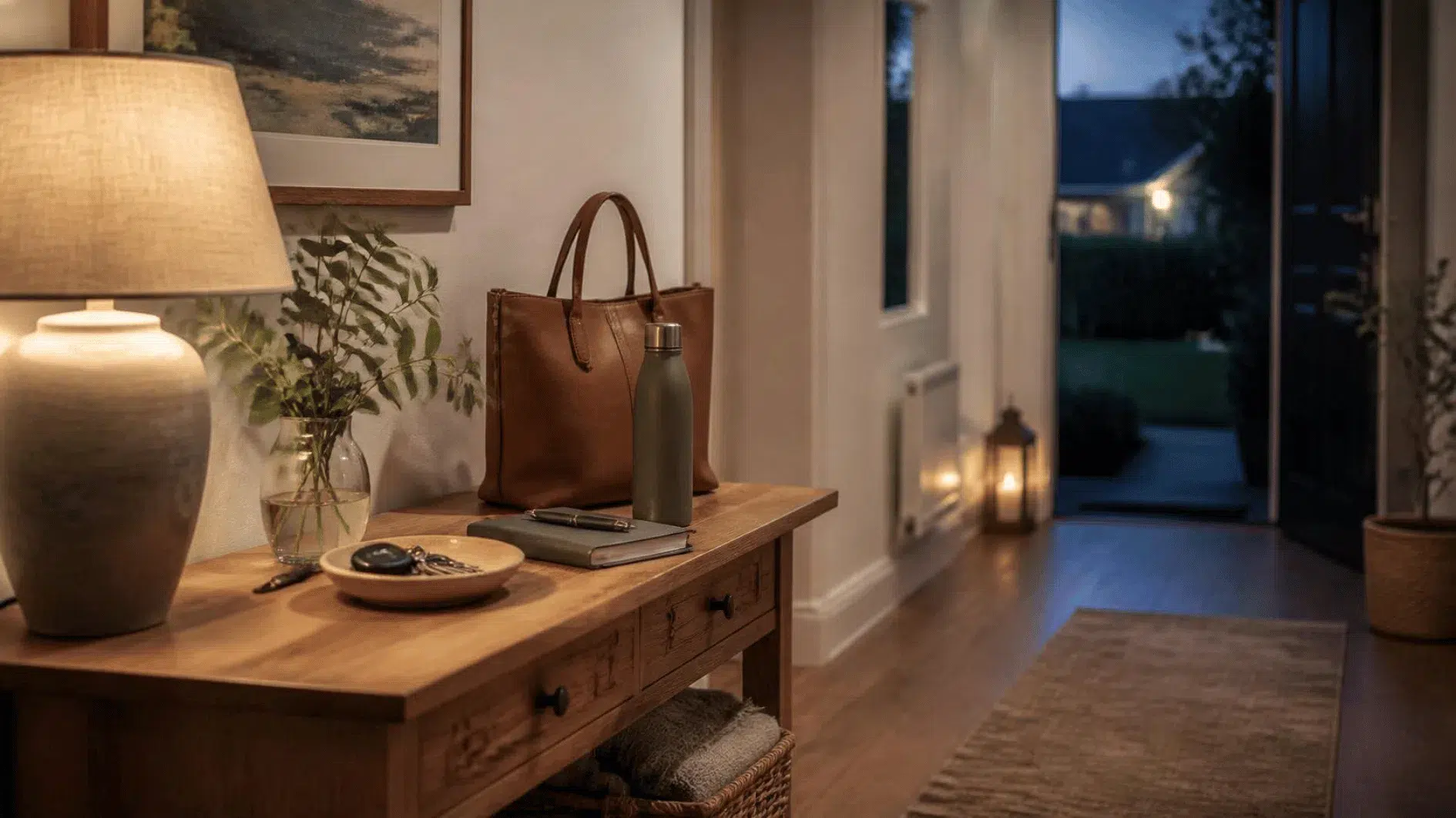 Hallway console with keys, bag and everyday belongings prepared for the following morning