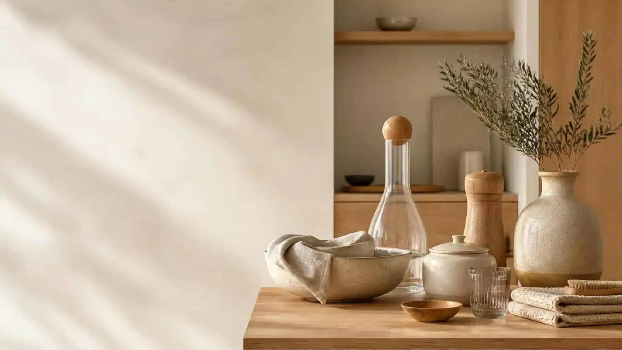 Useful kitchen and home essentials arranged with natural materials