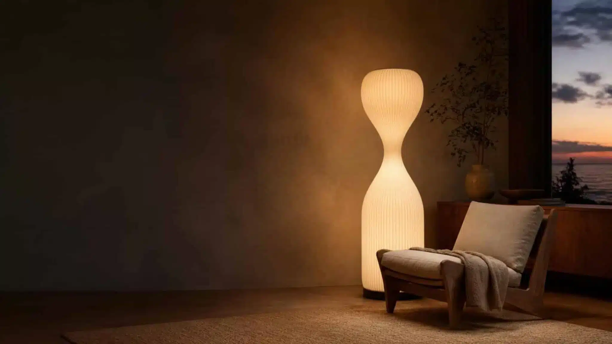 Floor lamp casting a warm pool of light in a relaxed living room