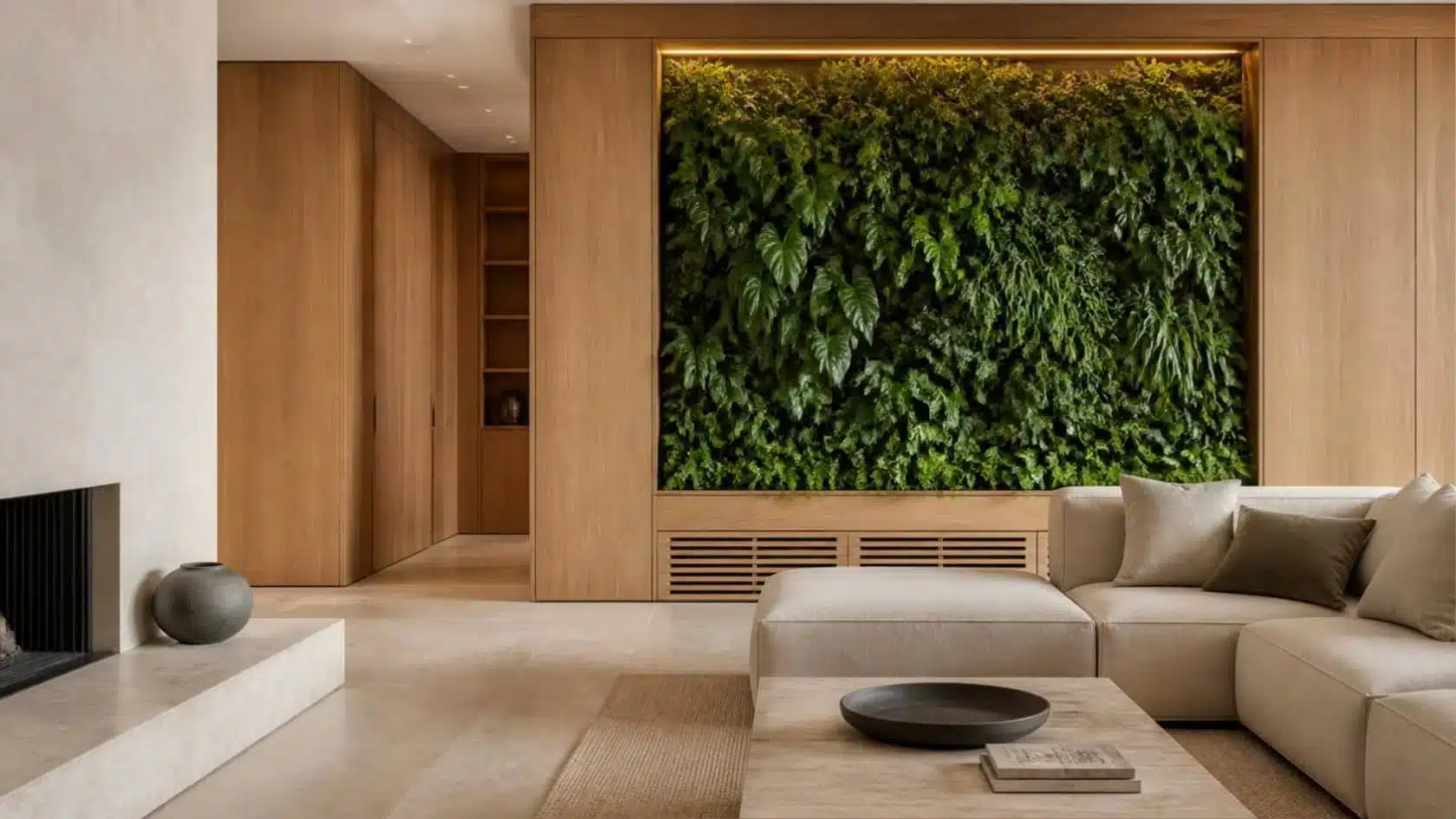 Green Wall Vertical Garden: Ideas for Bringing Greenery Up the Wall 5 Living room with a restrained green wall balanced by simple furniture and generous negative space