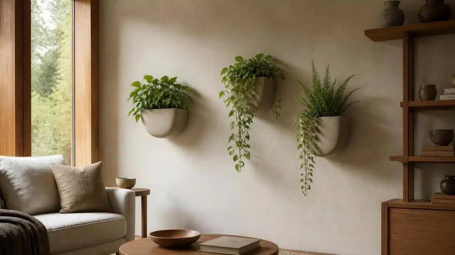 Green Wall Vertical Garden: Ideas for Bringing Greenery Up the Wall 4 Small group of wall-mounted planters used as a simple indoor vertical garden alternative
