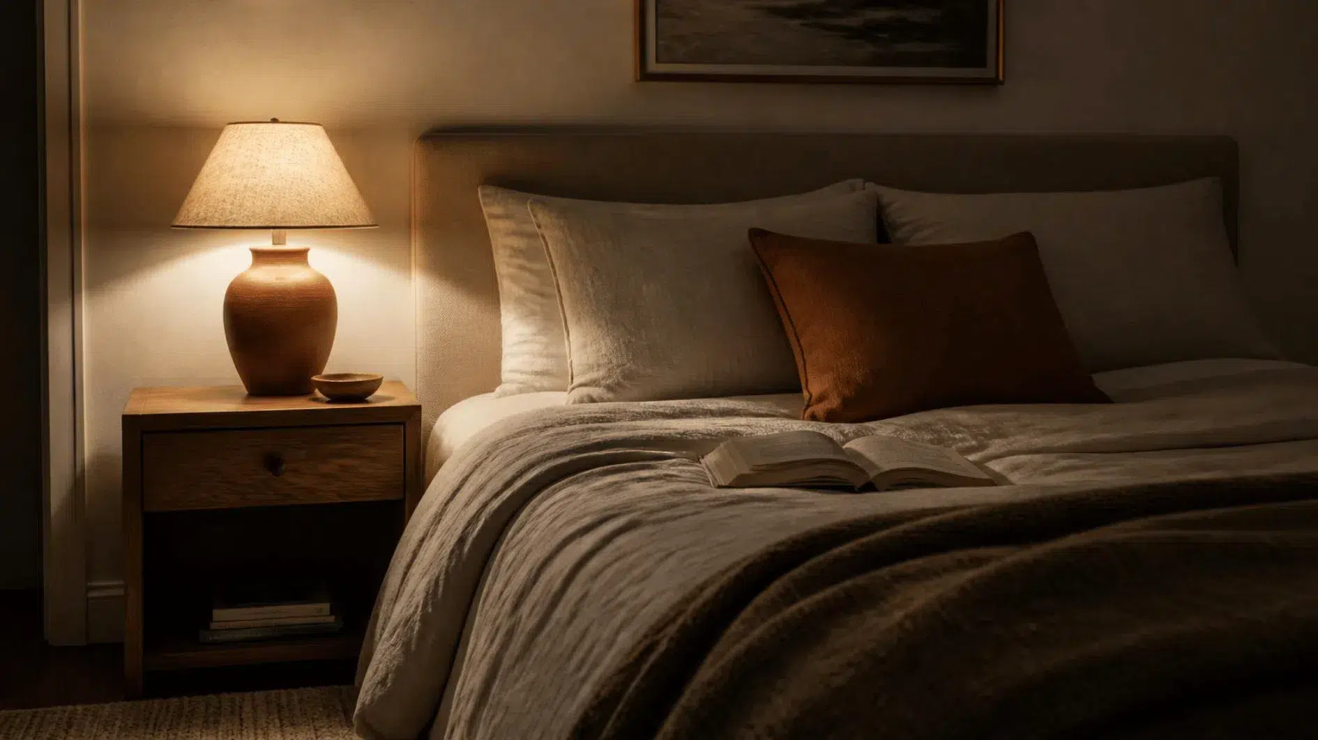 Ceramic bedside table lamp with a linen shade casting low warm light across neutral linen bedding at night
