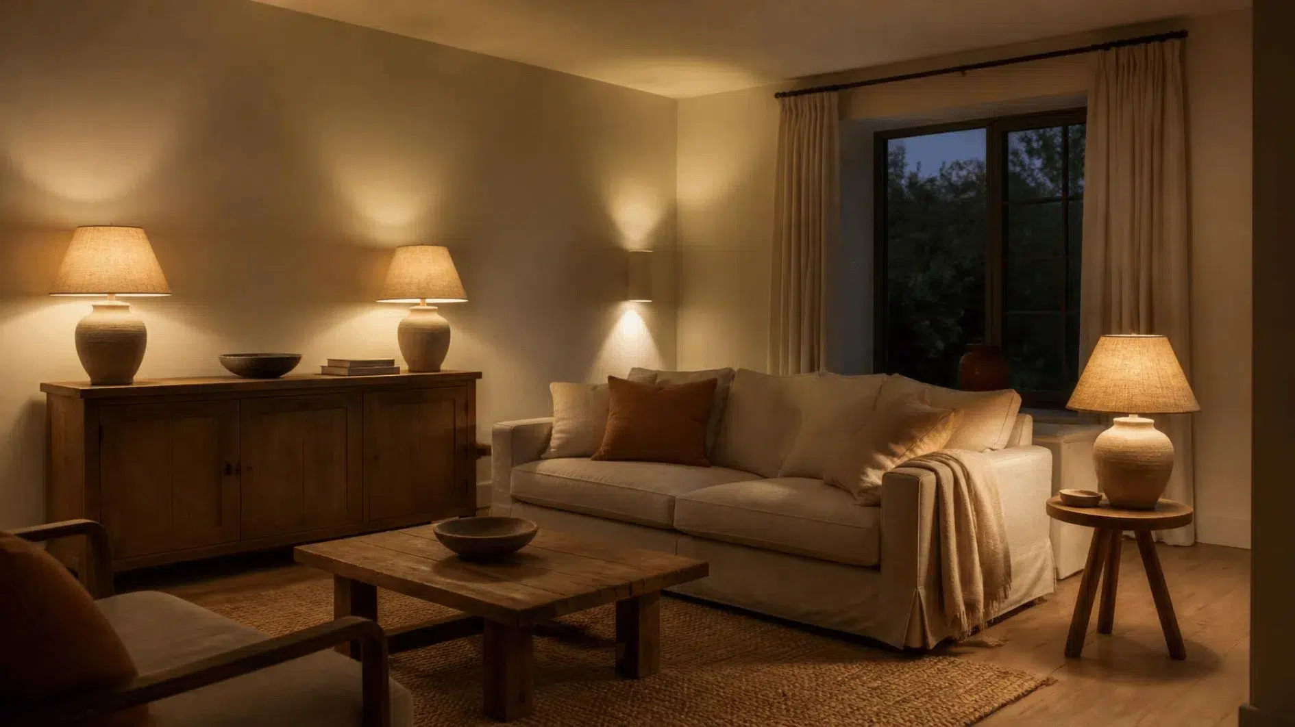 Living room at dusk lit by two linen-shaded table lamps and a soft wall light with the ceiling light switched off