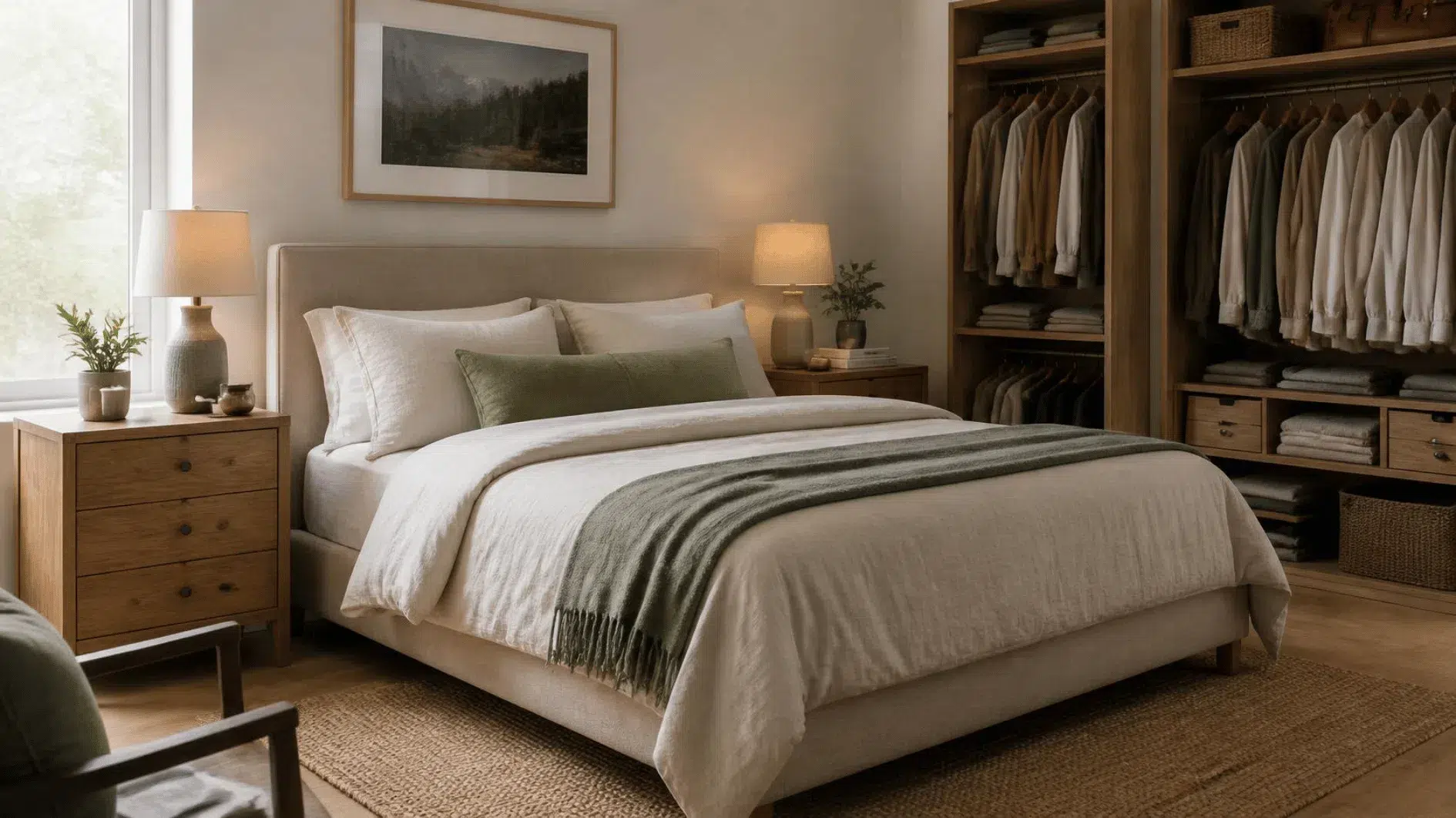 Peaceful bedroom with thoughtfully organised bedside storage and folded textiles